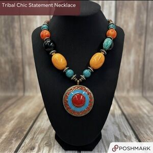 Tibetan Style Chunky Beaded Medallion  Tribal  Necklace